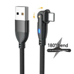 Black USB Type-C charging cable with 180° bend design and 2.1A fast data and power delivery.