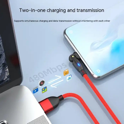 USB charging cable with 480Mbps speed for simultaneous charging and file transfer between phone and laptop.