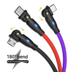 USB charging cable set with 180° bend and Micro USB, USB-C heads in red, black, and purple colors.