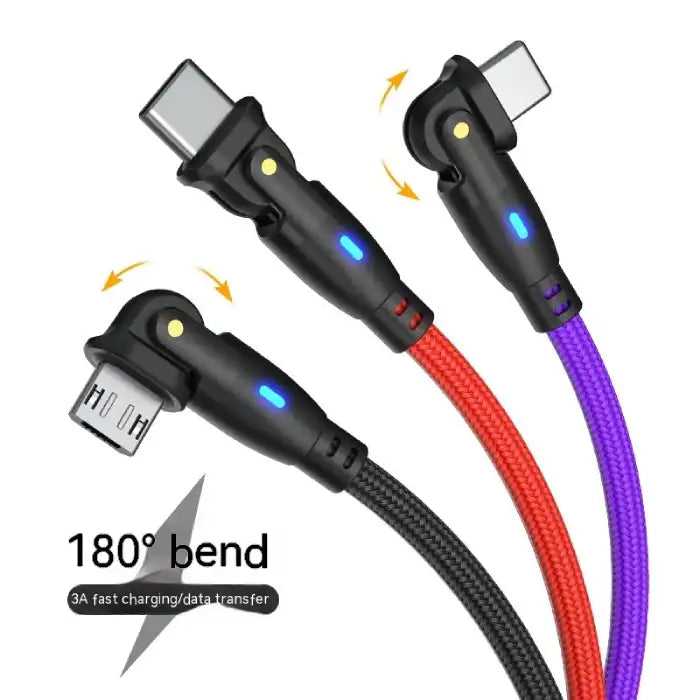 USB charging cable set with 180° bend and Micro USB, USB-C heads in red, black, and purple colors.