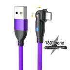 Purple USB Type-C charging cable with bendable joint and 2.1A current for efficient charging and transfer.