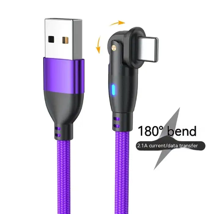 Purple USB Type-C charging cable with bendable joint and 2.1A current for efficient charging and transfer.