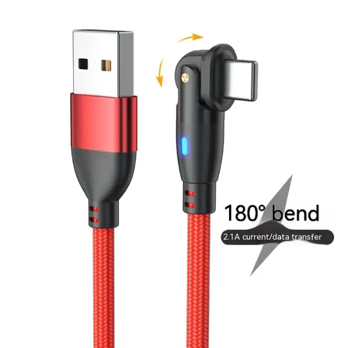 Red USB Type-C charging cable with 180° rotating head and 2.1A current for charging and data sync.