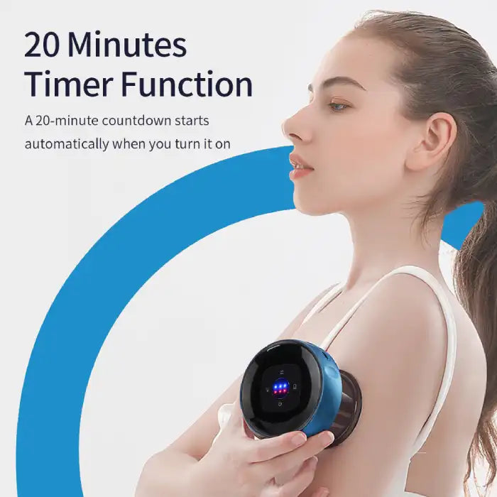 Vacuum massager in blue used on arm with LED display showing 20-minute timer function