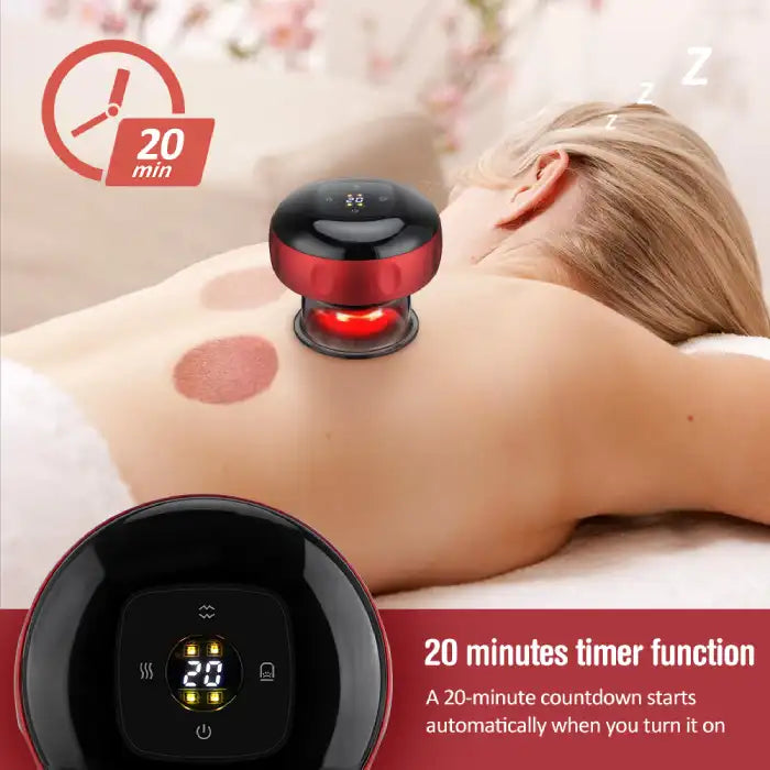Red vacuum massager with auto 20-minute shutoff used on back during cupping therapy