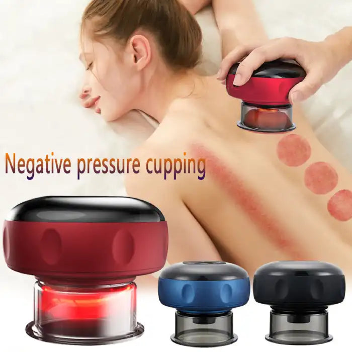 Vacuum massager used for cupping therapy on back with red marks and device in red color
