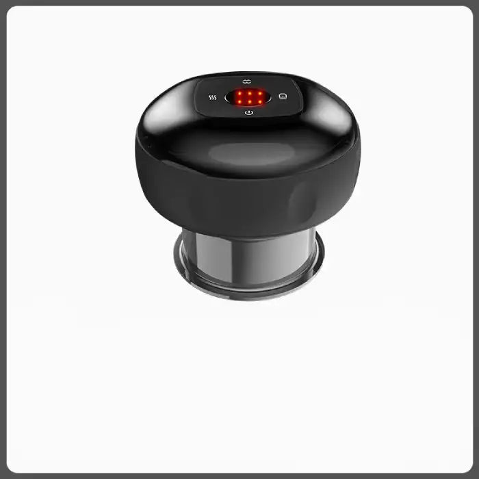 Vacuum massager in black color with digital display panel and suction cup base on white background