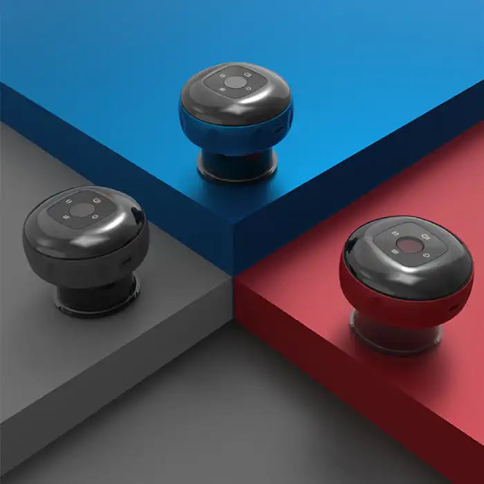 Vacuum massager product layout showing red, blue, and black models on colored backgrounds