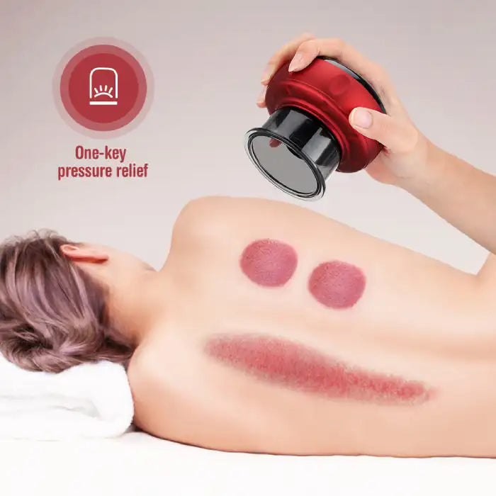 Red vacuum massager being lifted from back with visible cupping marks and pressure relief icon