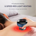 Blue vacuum massager used on back showing red light heating and 6-speed hot compress