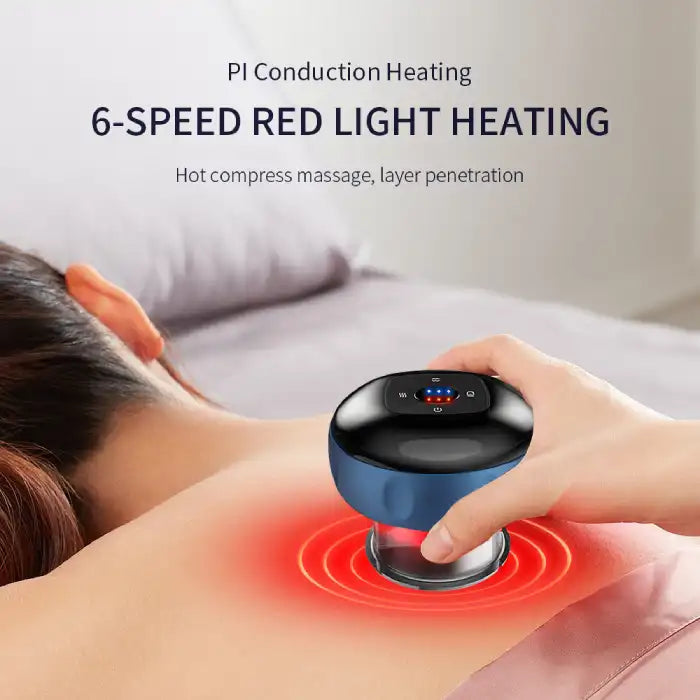 Blue vacuum massager used on back showing red light heating and 6-speed hot compress