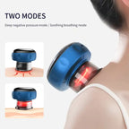 Vacuum massager in blue color showing deep pressure and soothing mode on shoulder