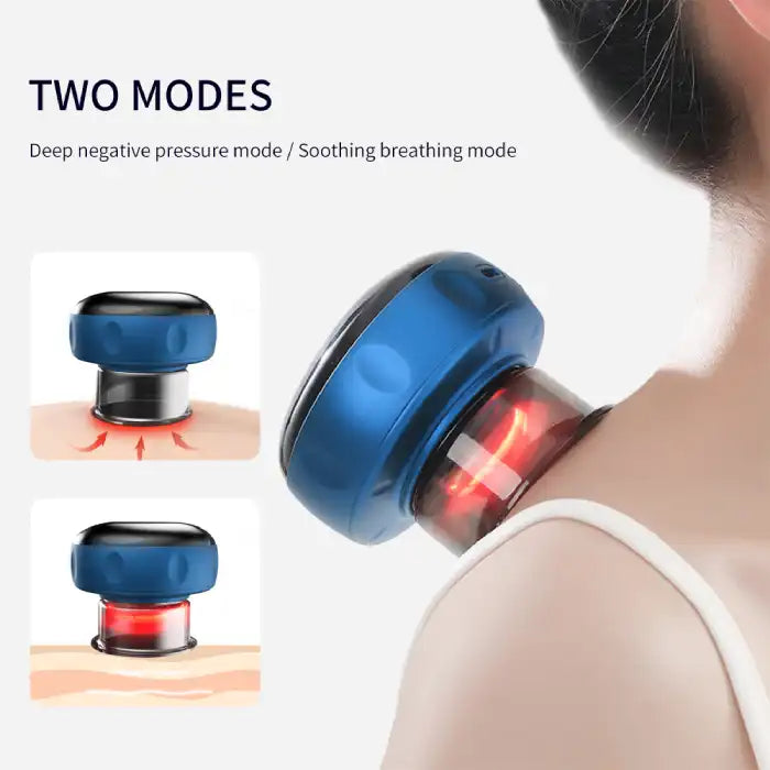 Vacuum massager in blue color showing deep pressure and soothing mode on shoulder