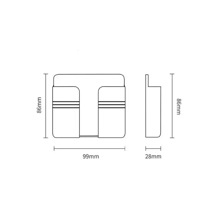 Wall mount phone holder size chart with height, width, and depth dimensions shown in millimeters.