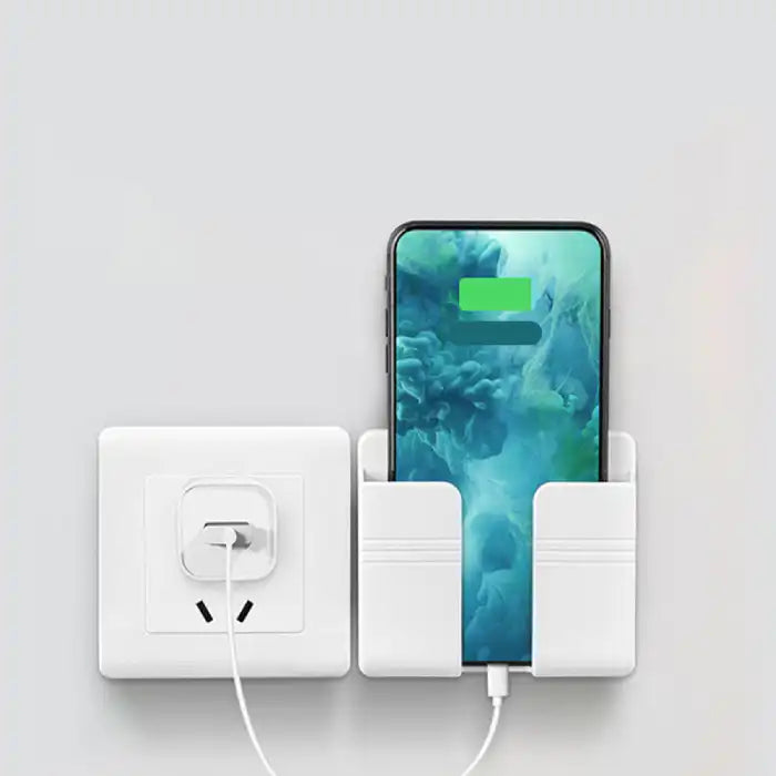 Wall mount phone holder charging smartphone on white wall socket with secure cable placement.