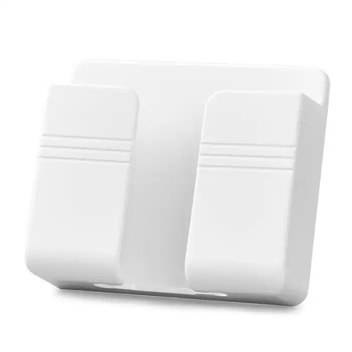 Wall mount phone holder in matte white plastic with dual grip arms and minimal design on plain background.