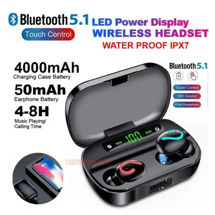 Waterproof Bluetooth Earbuds with LED power display, touch control, and high battery backup in charging case