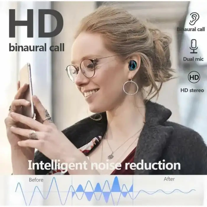 Waterproof Bluetooth Earbuds with HD stereo, dual mic, binaural calling, and intelligent noise reduction
