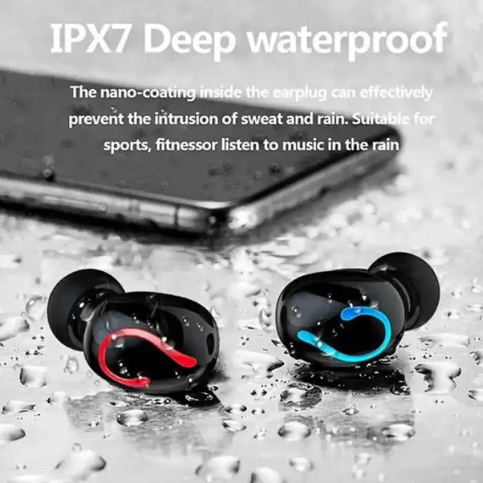 Waterproof Bluetooth Earbuds with IPX7 nano-coating, rain and sweat-resistant, ideal for workouts and outdoors