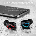 Waterproof Bluetooth Earbuds with IPX7 nano-coating, rain and sweat-resistant, ideal for workouts and outdoors