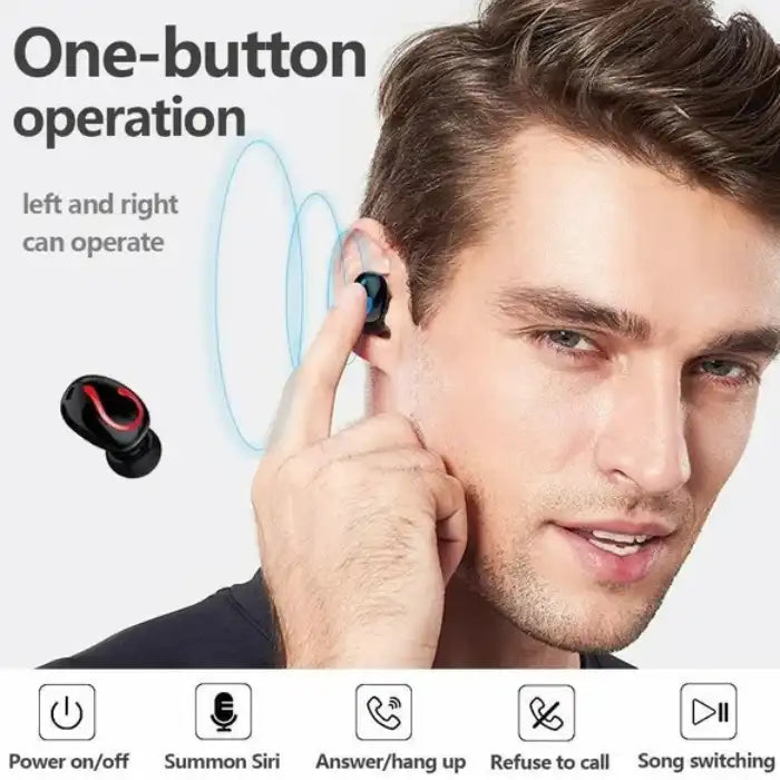 Waterproof Bluetooth Earbuds featuring one-button operation for calls, Siri, power, and music control