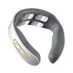 White Neck Massager with metallic electrodes and control buttons for electronic muscle relaxation.