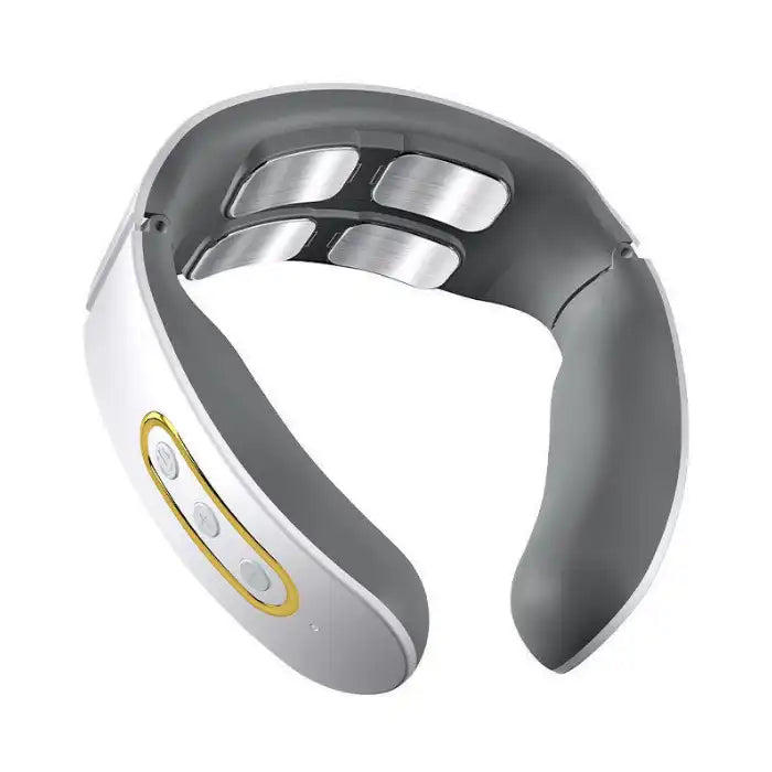 White Neck Massager with metallic electrodes and control buttons for electronic muscle relaxation.