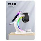 White wireless charging station with magnetic phone, smartwatch, AirPods charging and RGB lighting.