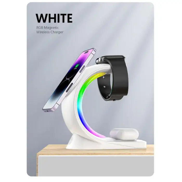 White wireless charging station with magnetic phone, smartwatch, AirPods charging and RGB lighting.