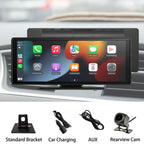 Wireless CarPlay Display with included accessories: bracket, car charger, AUX cable, and rearview camera.