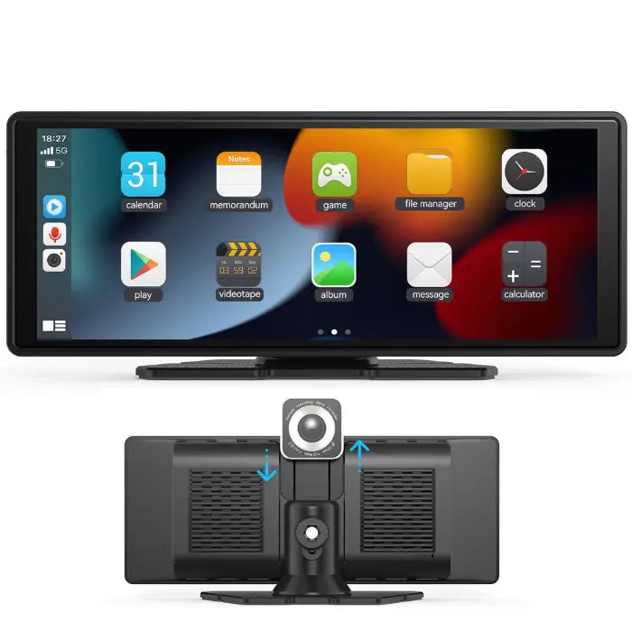 Adjustable mount Wireless CarPlay Display with full app interface including media and utilities.