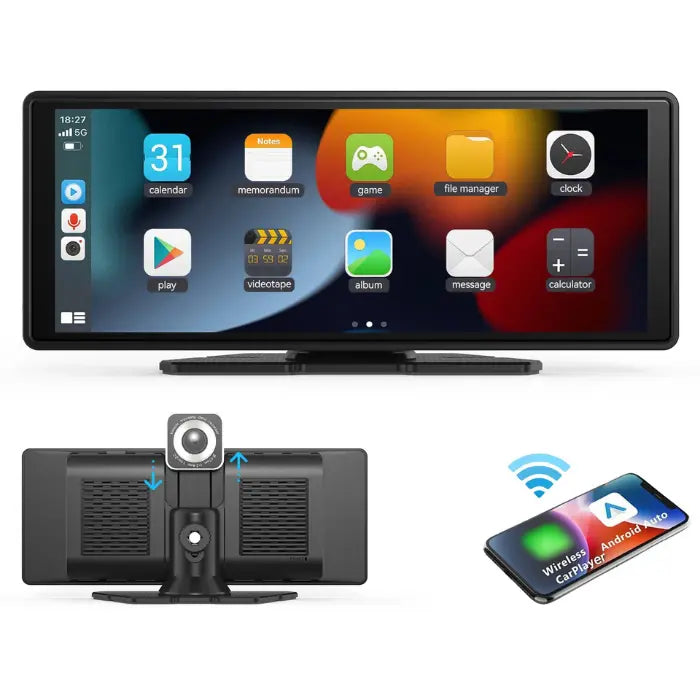 Rear view of Wireless CarPlay Display with built-in camera and app interface.