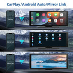 Wireless CarPlay Display with CarPlay, Android Auto, and Mirror Link functionality shown in a car dashboard.