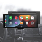 Wireless CarPlay Display mounted on the dashboard showing app icons on a wide screen.