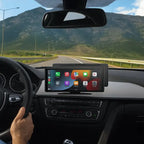 In-car view of Wireless CarPlay Display mounted on dashboard while driving.