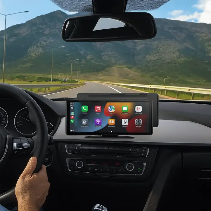 In-car view of Wireless CarPlay Display mounted on dashboard while driving.