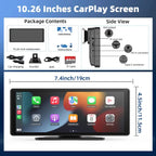 10.26-inch Wireless CarPlay Display with size dimensions, ports, and package contents.