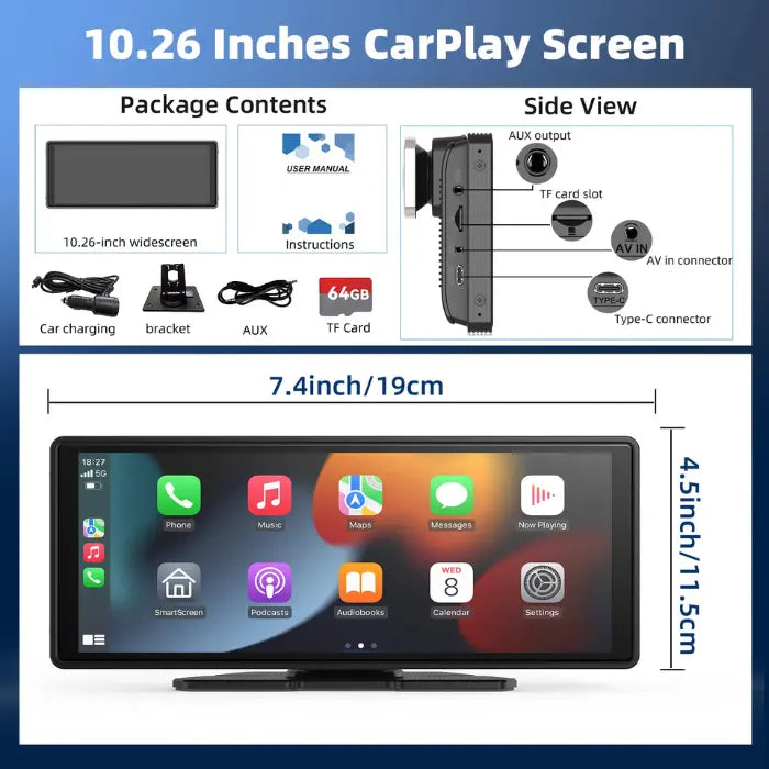 10.26-inch Wireless CarPlay Display with size dimensions, ports, and package contents.