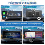 Wireless CarPlay Display with four sound output options: wireless, speaker, FM transmission, and AUX.