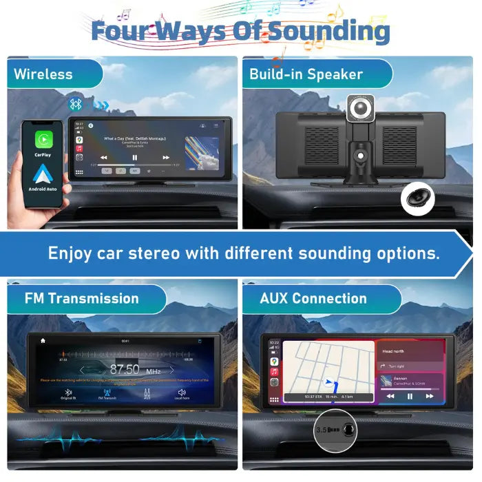Wireless CarPlay Display with four sound output options: wireless, speaker, FM transmission, and AUX.