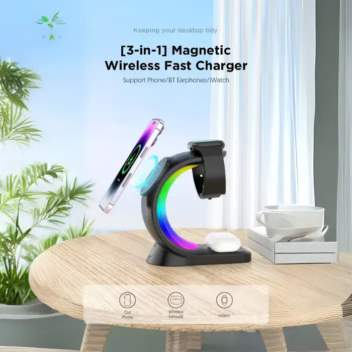 Wireless charging station 3-in-1 design charging phone, smartwatch, and earbuds on round table.