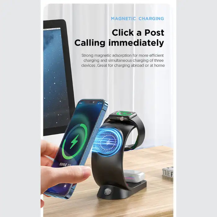 Wireless charging station with magnetic alignment for phone, smartwatch, and earbuds on desk.
