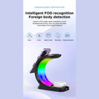 Wireless charging station showing FOD detection with phone and AirPods, highlights object safety.