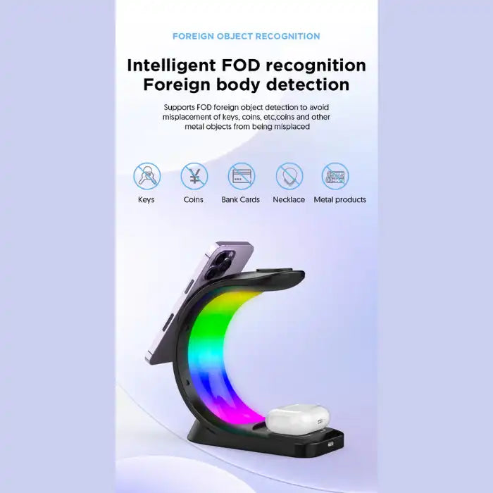 Wireless charging station showing FOD detection with phone and AirPods, highlights object safety.