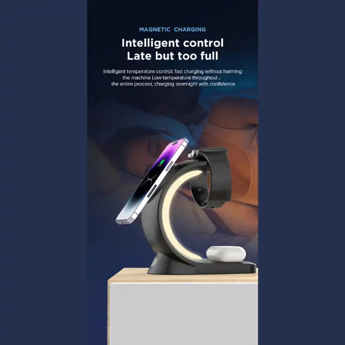Wireless charging station with soft light charging phone and watch beside sleeping user at night.