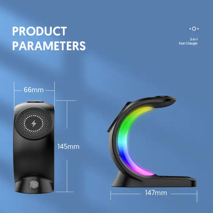 Wireless charging station showing product dimensions with rainbow RGB arc design and curved shape.