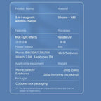 Wireless charging station specs with power output, material details, and compatible device info.