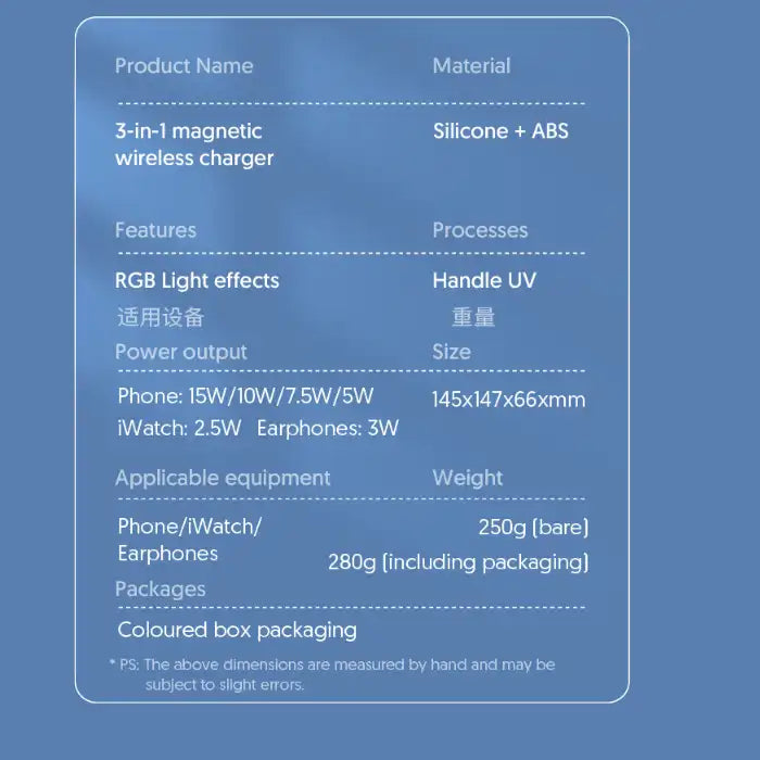 Wireless charging station specs with power output, material details, and compatible device info.