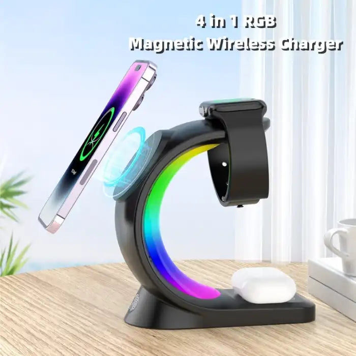 Wireless charging station with RGB light base, holding phone, watch, and AirPods on wood table.
