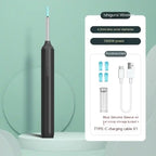 Black wireless ear cleaner with USB-C cable, tip storage, and four replaceable silicone sleeves